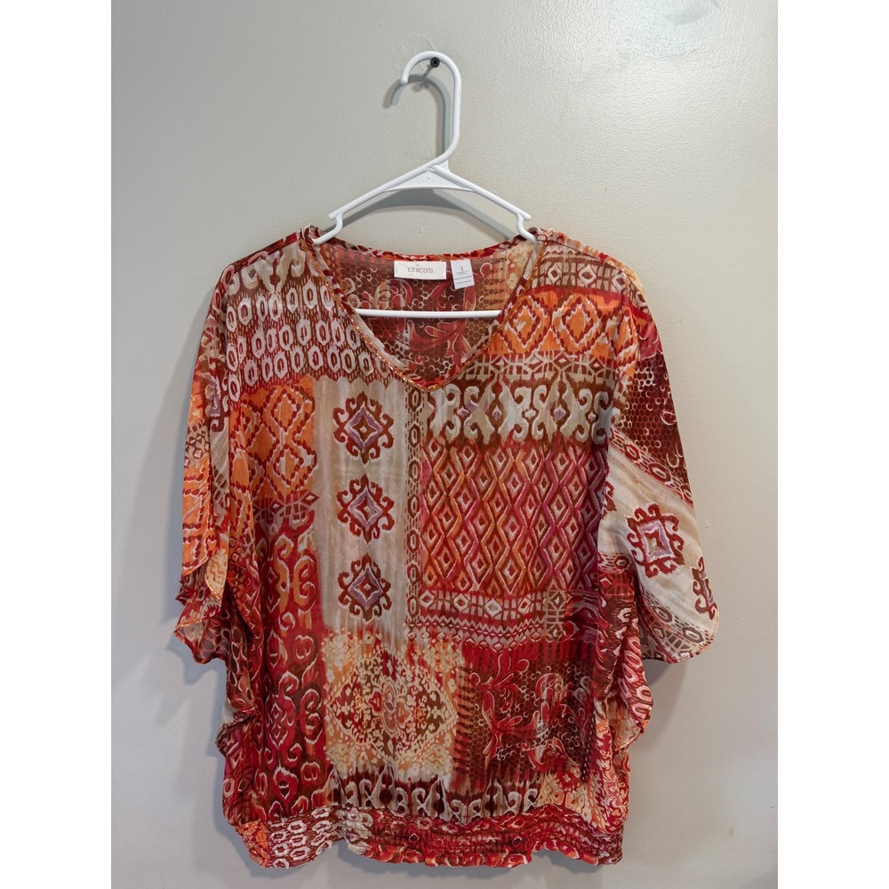 Chicos Orange Red Geometric Patchwork Beaded V-Neck Smocked Hem Blouse Size 1 M